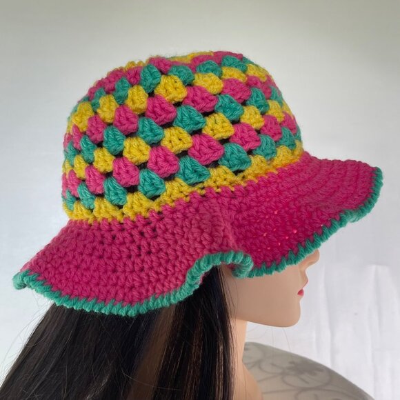Crochet Bucket Hat Granny Square Pattern Pink Green Yellow Adult Handmade main image 4